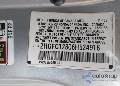 2006 Honda Civic Ex from USA, damaged, VIN 2HGFG12806H524916